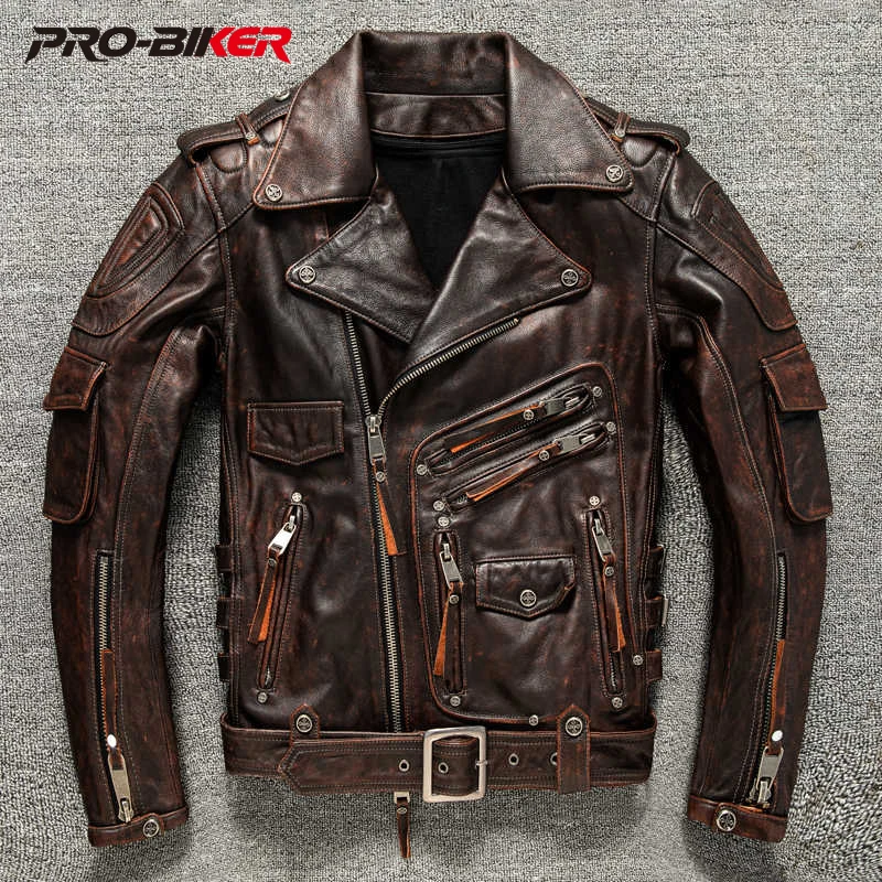 

Men's Motorcycle Jacket Cowhide Leather Clothes Brown Motorcycle Coat Vintage Slim Chaqueta Moto For 4 Season