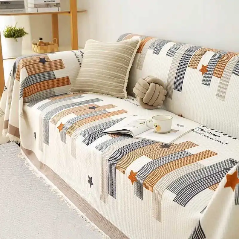 Modern Simple Style Sofa Cover Cloth Whole Cover Cotton Linen Anti-Slip Three-Seater Universal Seasonal Protection Shield