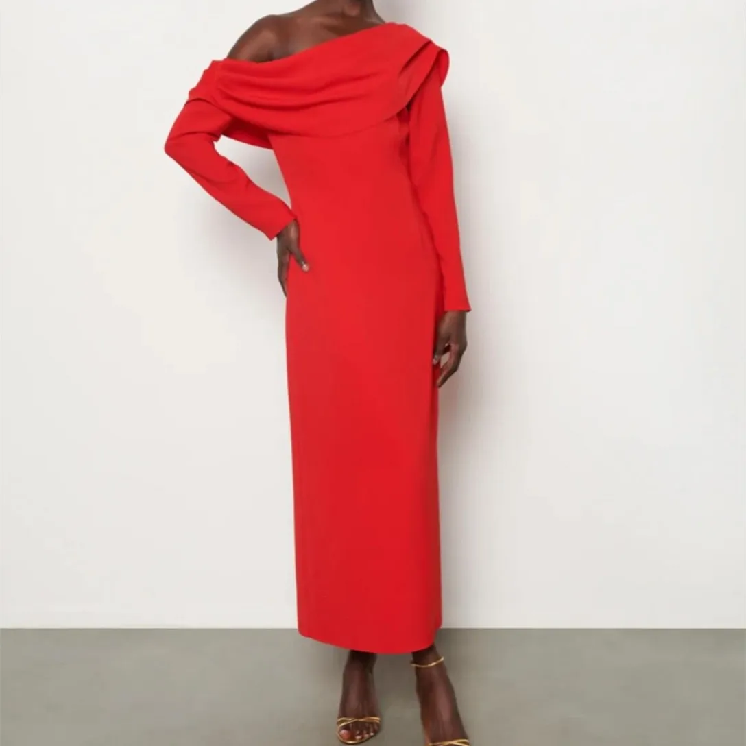 

Customized Classic Shor Red Crepe Evening Dresses With Slit Sheath Pleated Ankle Length Zipper Prom Dress Abendkleider for Women