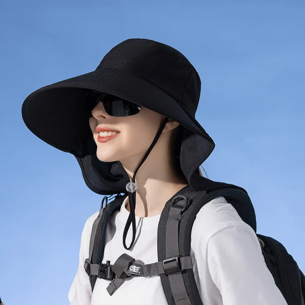 Topi Bucket wanita, topi pantai musim panas luar ruangan, topi ember lipat tepi lebar lebar Anti-Uv melindungi leher