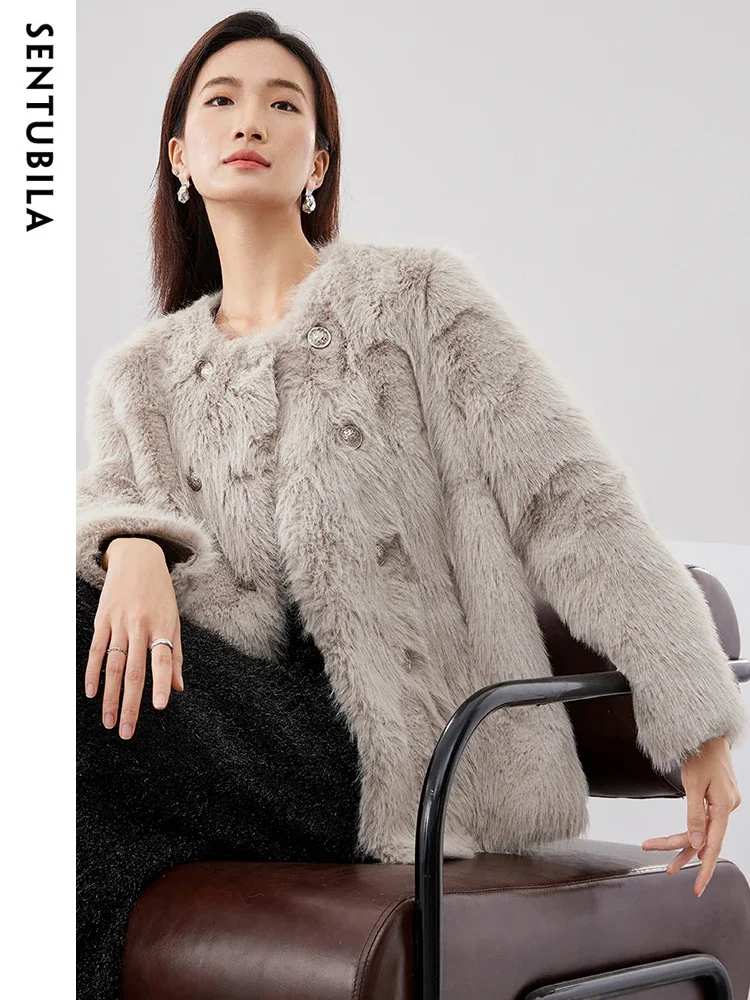 SENTUBILA Fashion Faux Fur Coat Women 2024 Winter Fluffy Jacket Thick Warm Double Breasted Plush High Quality Coats W44W58580X