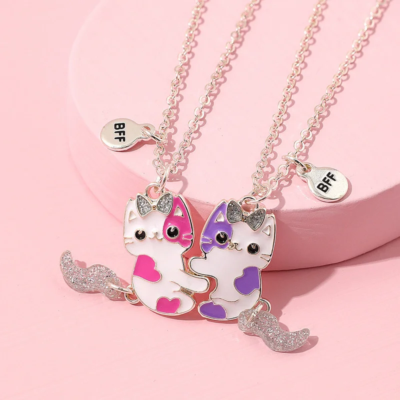 2PCS/Set Cartoon Cat Shape Pendant Chain Best Friends Necklace BFF Friendship Children's Jewelry Gift for Girls