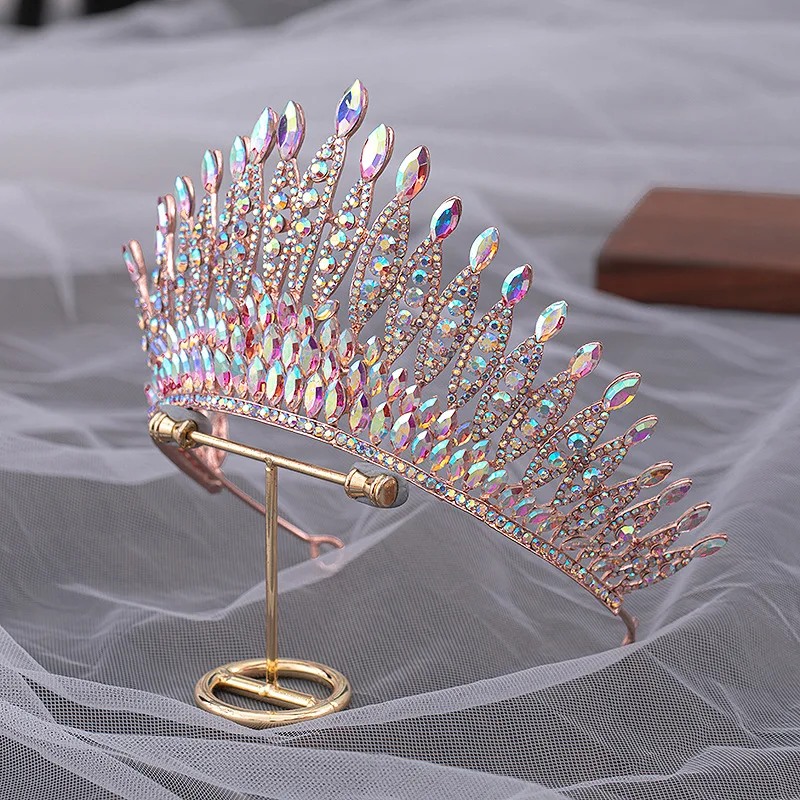 Quality Pageant Pink Bridal Crown Headdress Royal Queen Large Water Drop Crystal Tiaras Diadem Wedding Hair Jewelry Accessories