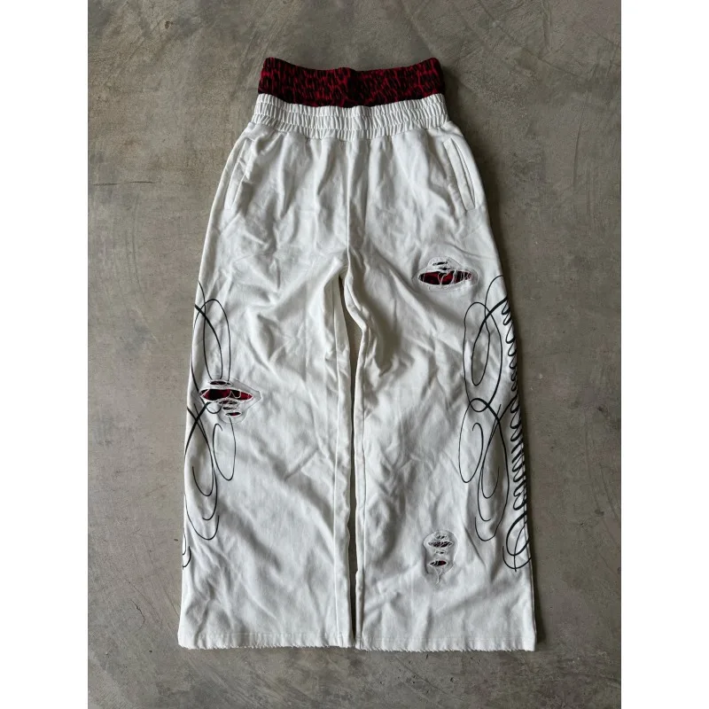 Men's White Distressed Sweatpants with Gothic Script Print 2025 New Streetwear Loose Wide Leg Pants Hip Hop Fashion Trousers