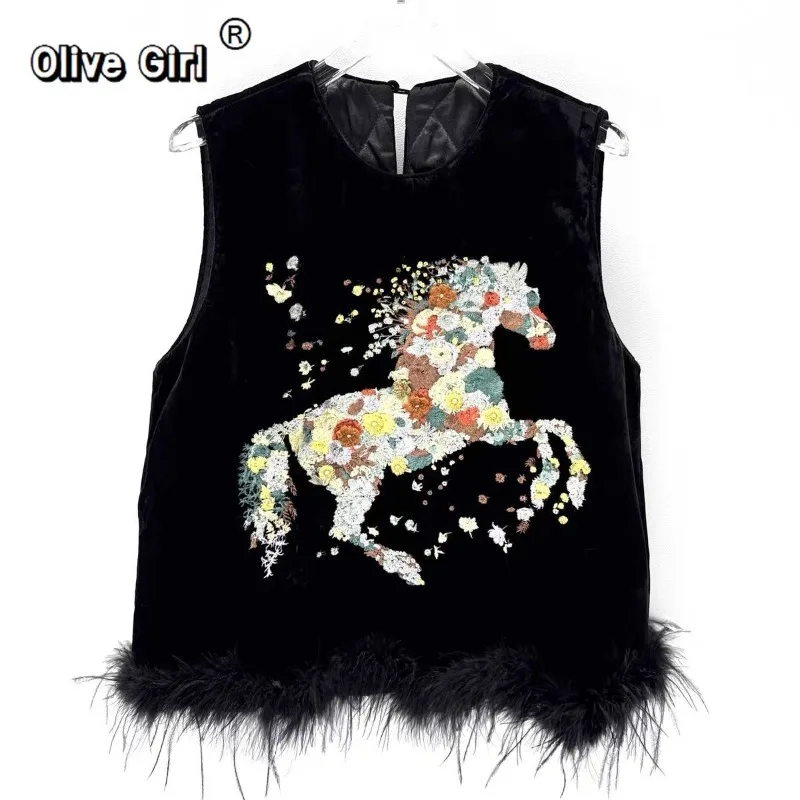 

Жилет Olivegirl с вышивкой в виде лошади, бархатный, пушистый, женский топ, новинка 2026 года, теплая куртка, хлопковый жилет, высококачественная меховая женская одежда