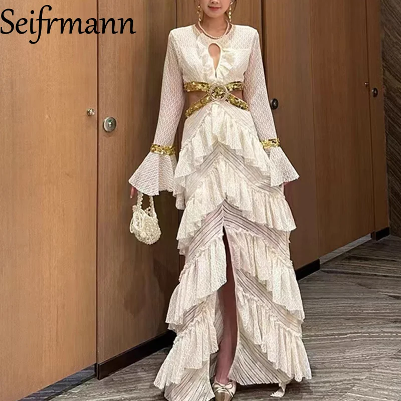 

Seifrmann Высококачественное вечернее платье для хостикетов — летнее платье с блестками и бисером 2025, расклешенными рукавами, разрезом, многослойным дизайном