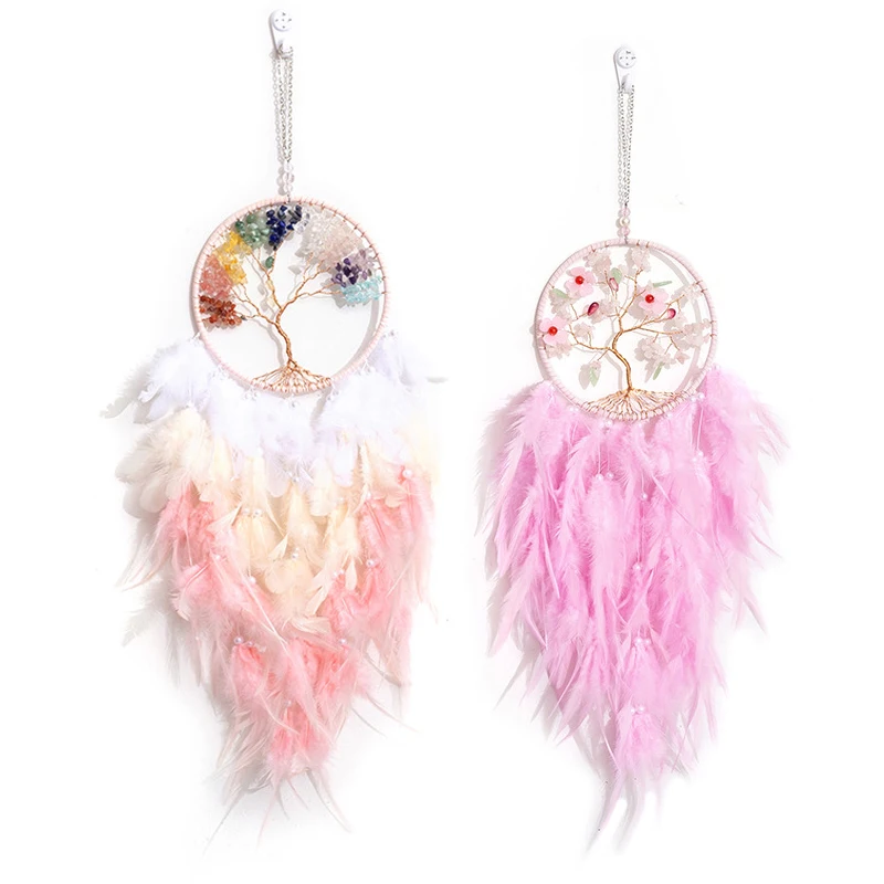 Tree of Life Dream Catcher Handmade Pink Gravel Wall Hangings Feather Craft Home Decor Wind Chimes DreamCatchers Room Decorate