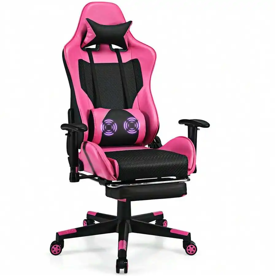 Massage Gaming Chair Reclining Racing Office Computer Chair With Footrest Pink