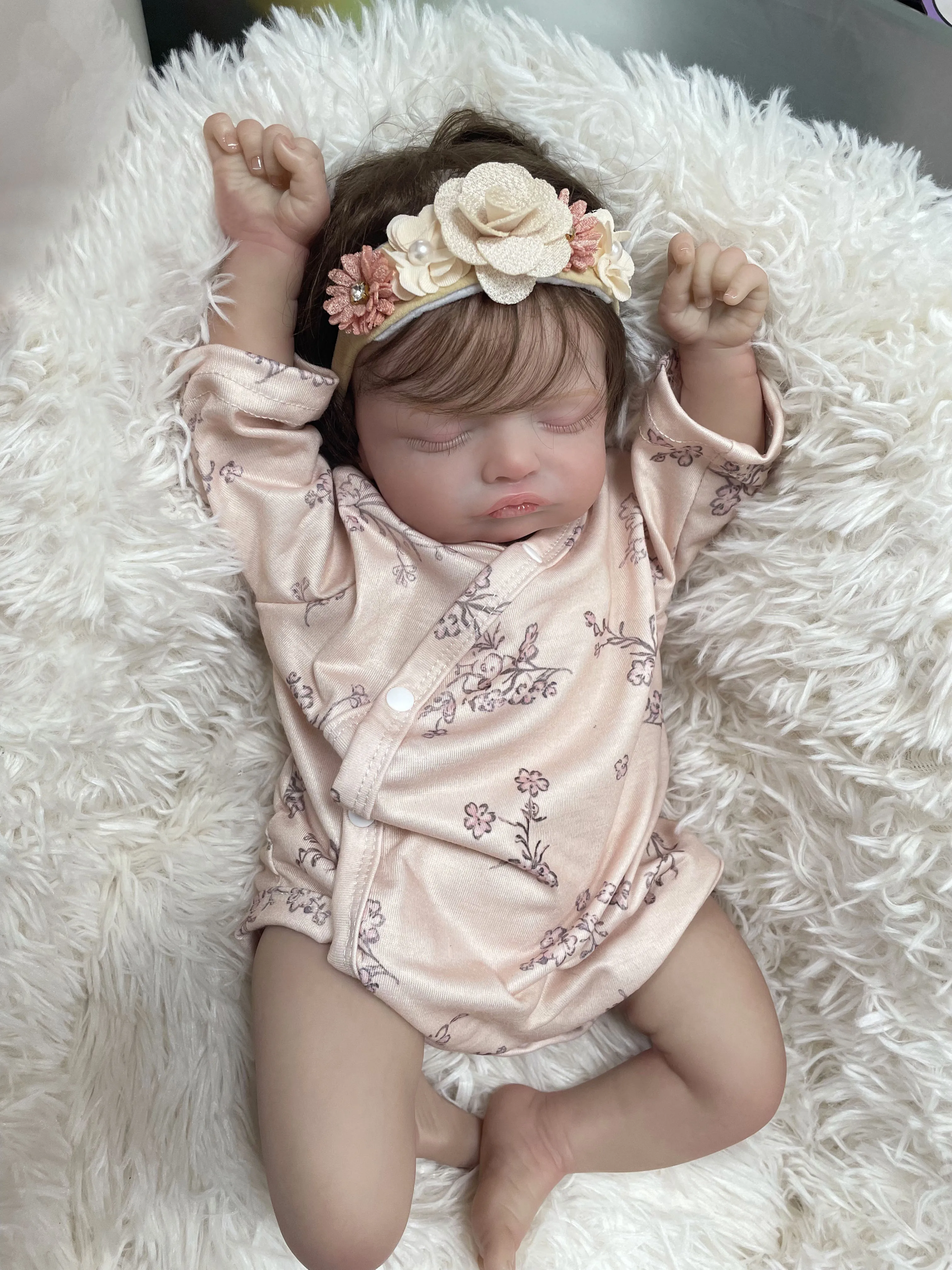 45CM Rosalie Cloth Body/Full Vinyl Body Already Painted Finished Sleeping Reborn Baby With Visible Veins and Hand Rooted Hair