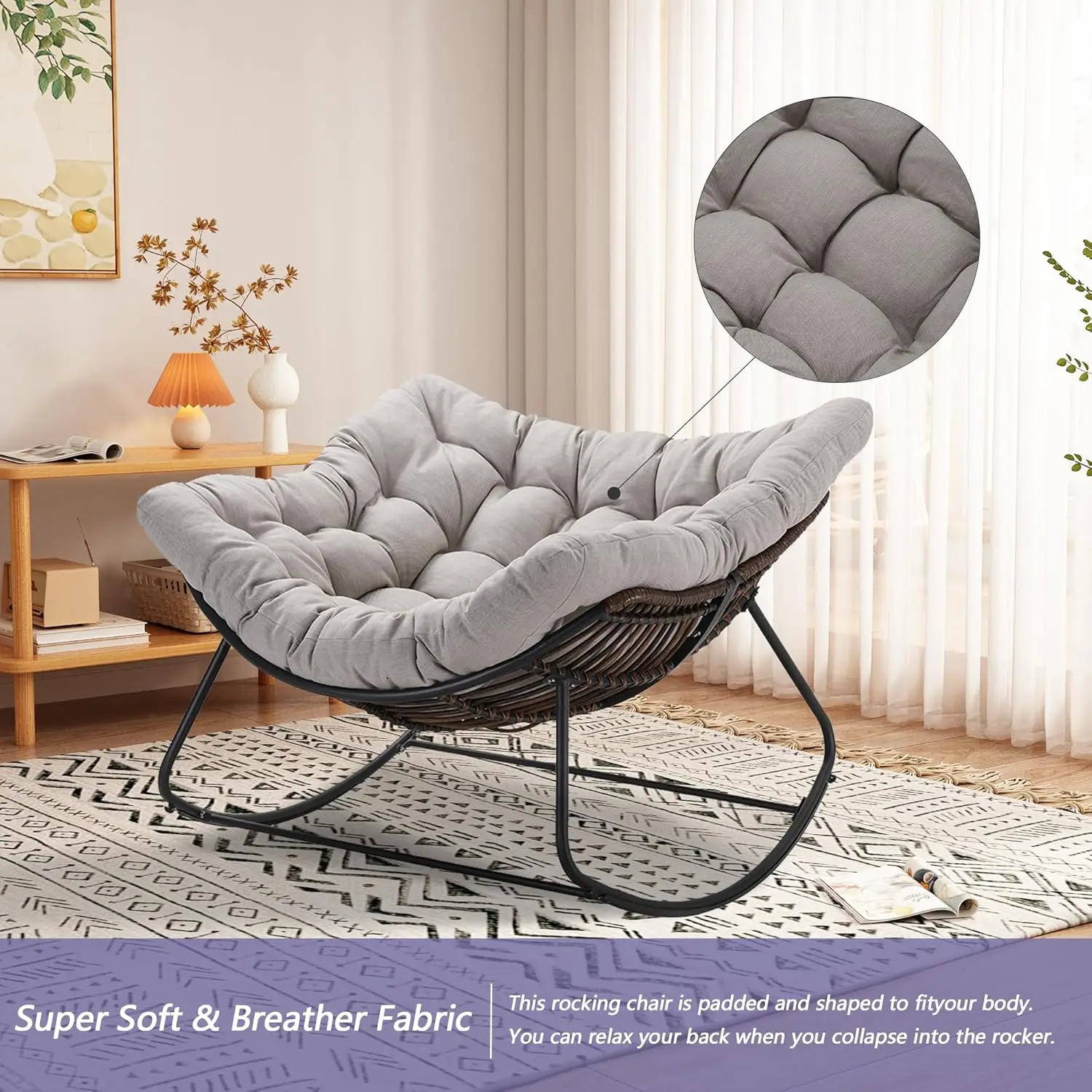 Royal Rocking Chair, Outdoor Rocking Papasan Chair with Padded Light Grey Cushion Rocker Recliner Chair, Oversized Metal