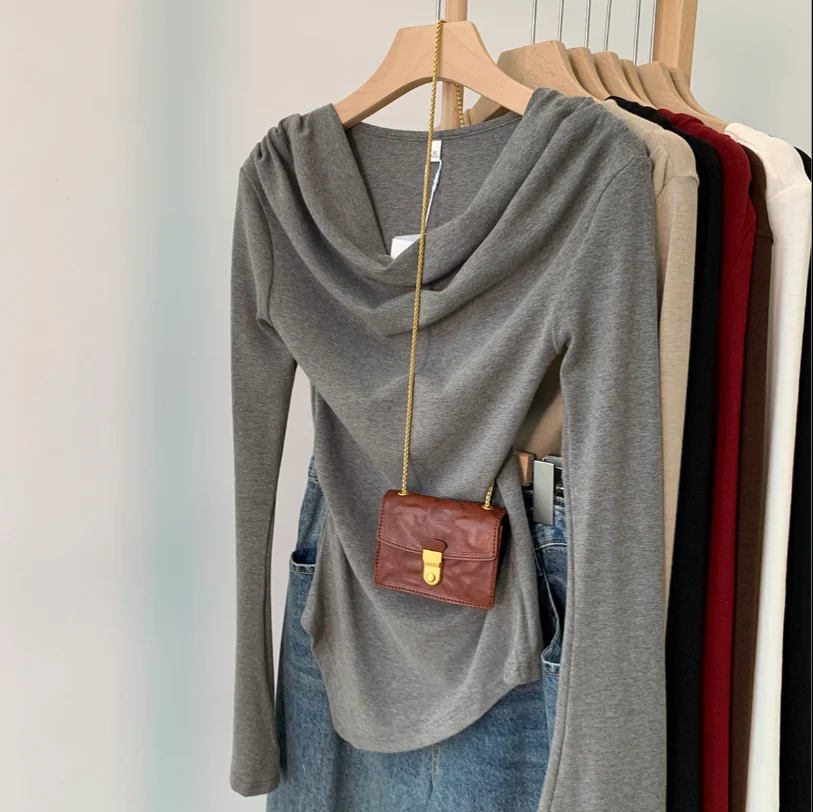 Haut moulant à manches longues pour femme, col drapé, épaules dénudées, ourlet asymétrique, style Y2K streetwear, t-shirt amincissant