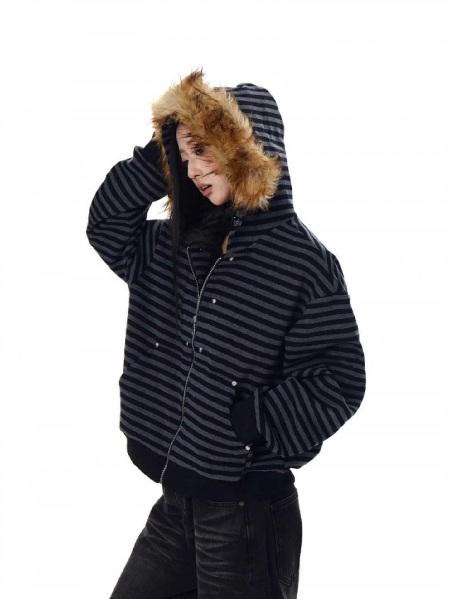 

Мужская толстовка в американском стиле с полосками, со съемным меховым воротником, осенне-зимняя, новая, теплая, для пар, повседневная, свободного кроя, из полиэстера.