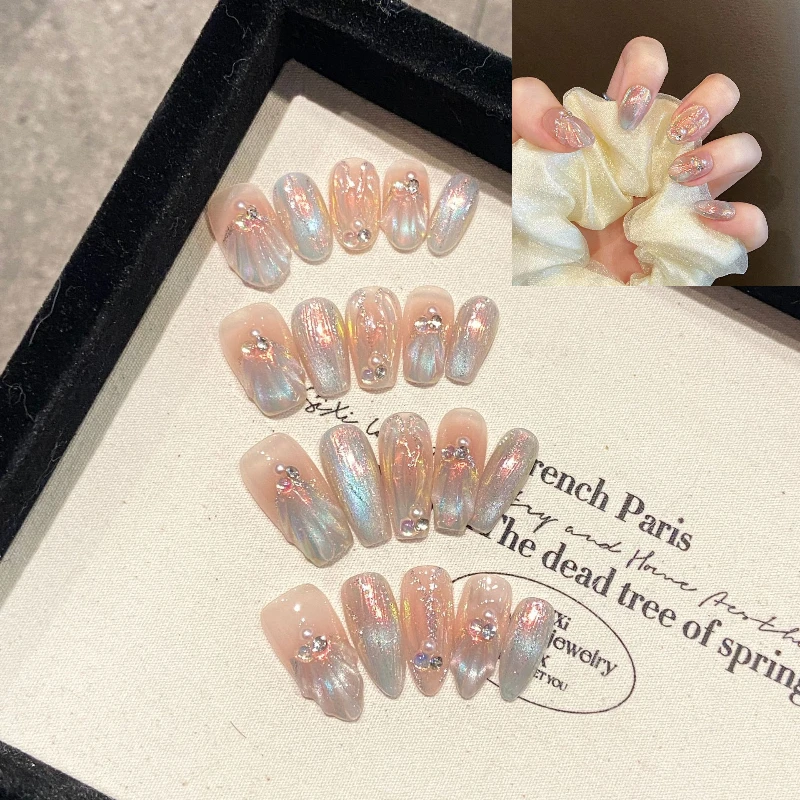 10Pcs  Handmade False Nails with Jelly Glue Long Almond Fake Nail Art Shell Design Press on Nails Full Cover Manicure Tips