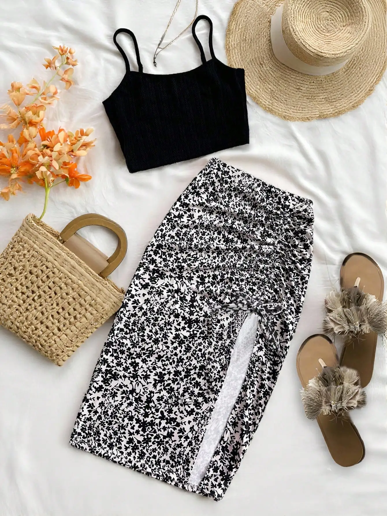 Knit Camisole Top And Ditsy Floral Wrap Skirt Set Vacation Outfit