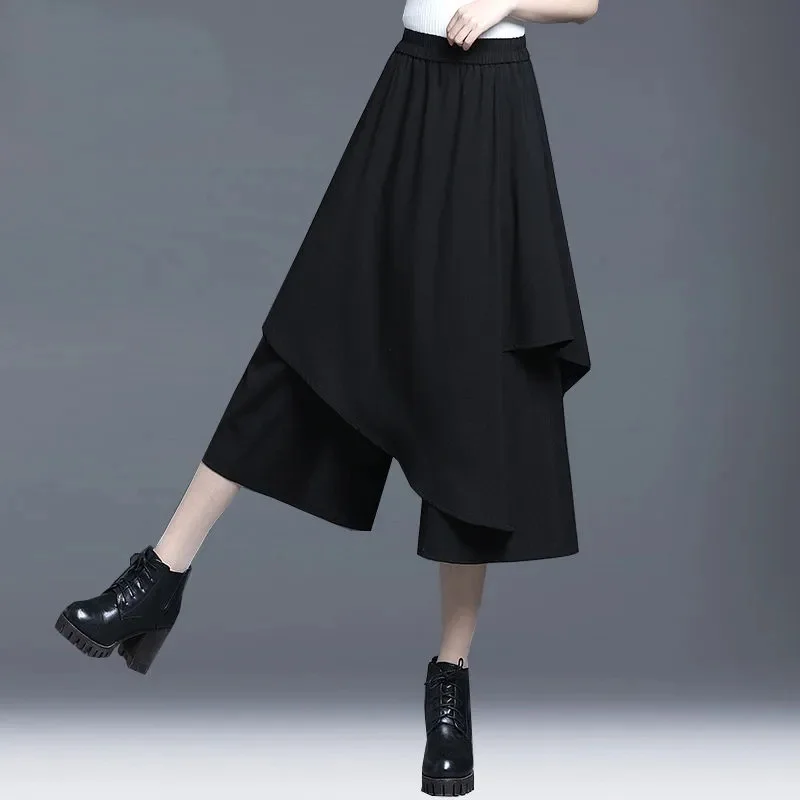 

Women Black Pants Spring Summer New Elastic High Waist Wide Leg Pants Fashion Street Style Wild Skirts Pants Casual Cropped Pant