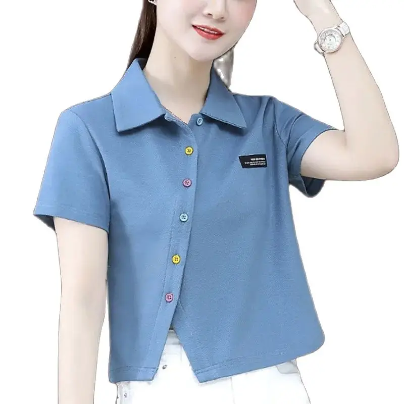 Short Light Female Thin Summer Coat POLO Collar Short Sleeve Women's T-Shirt 2022 New Incline Split Fashion Student's Shirt