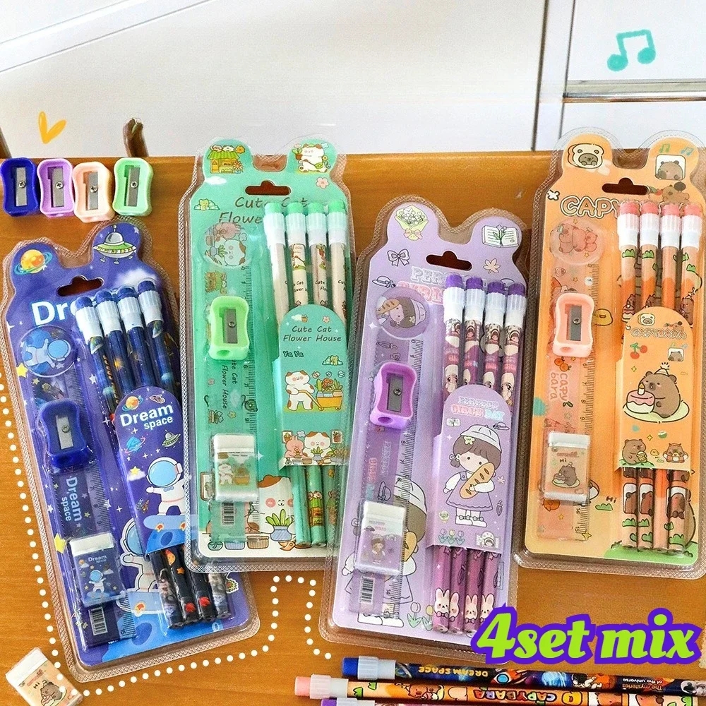 Cartoon Pencil Set,ruler,eraser,pencil Sharpener Cute Animal Design School Stationery Supplies Gift for Children Back To School