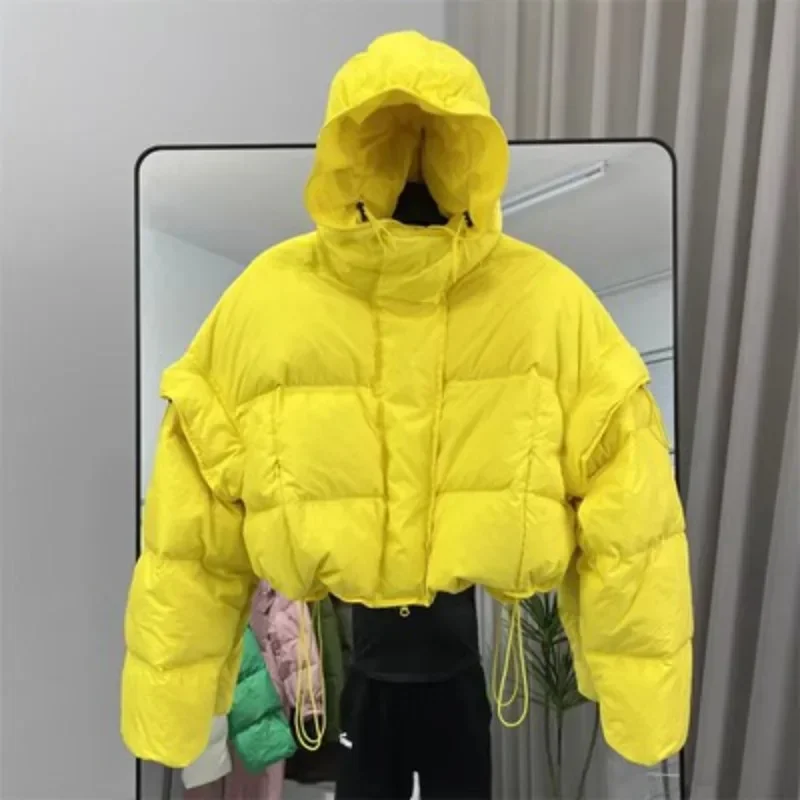 2024 Winter White Duck Down Coat Women Short Hooded Removable Sleeve Loose Fashion Puffer Jacket Thick Warm Windproof Outwear