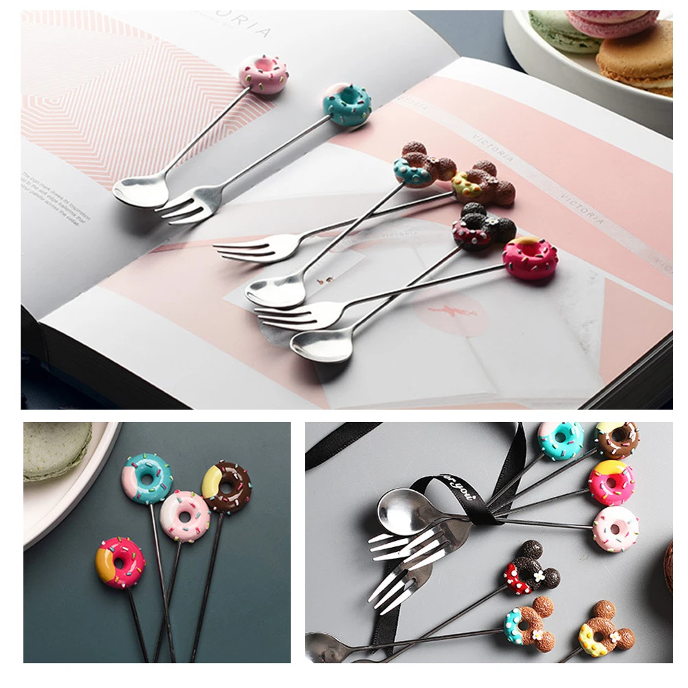 Stainless Steel Doughnut Spoon Fork Coffee Cake Dessert Tea Ice Cream Cartoon Teaspoon Stirring  Candy Cute Kids Dinnerware