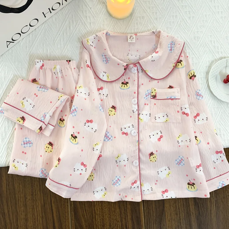 

Детские пижамы с героями мультфильмов «Hello Kitty», топы и штаны, каваи, пижамы для девочек, модная одежда принцессы с кукольным воротником и длинными рукавами, домашняя одежда