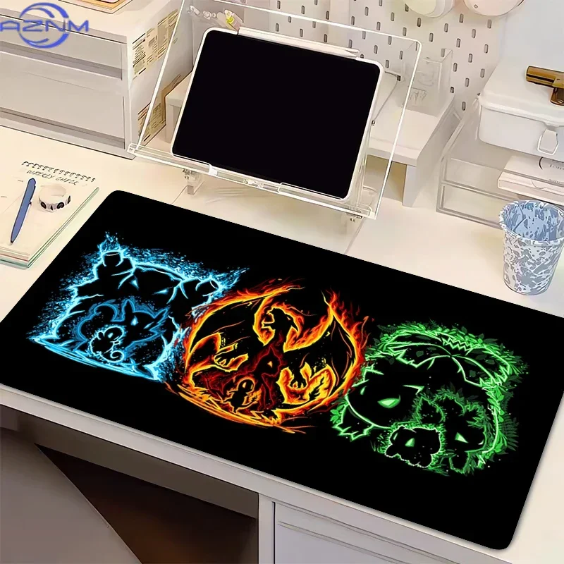 Pokemon Starters Fire Water Grass Glow Art Large Mousepad, Rubber Non Slip Desk Mat for Gaming and Office Desktop Decoration