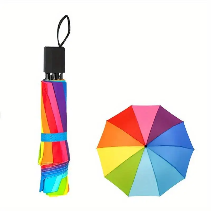 Modischer Regenbogen-Regenschirm Dreifach Faltbar Langer Griff Automatisch Windbeständiger Klappbarer Gerader Regenschirm