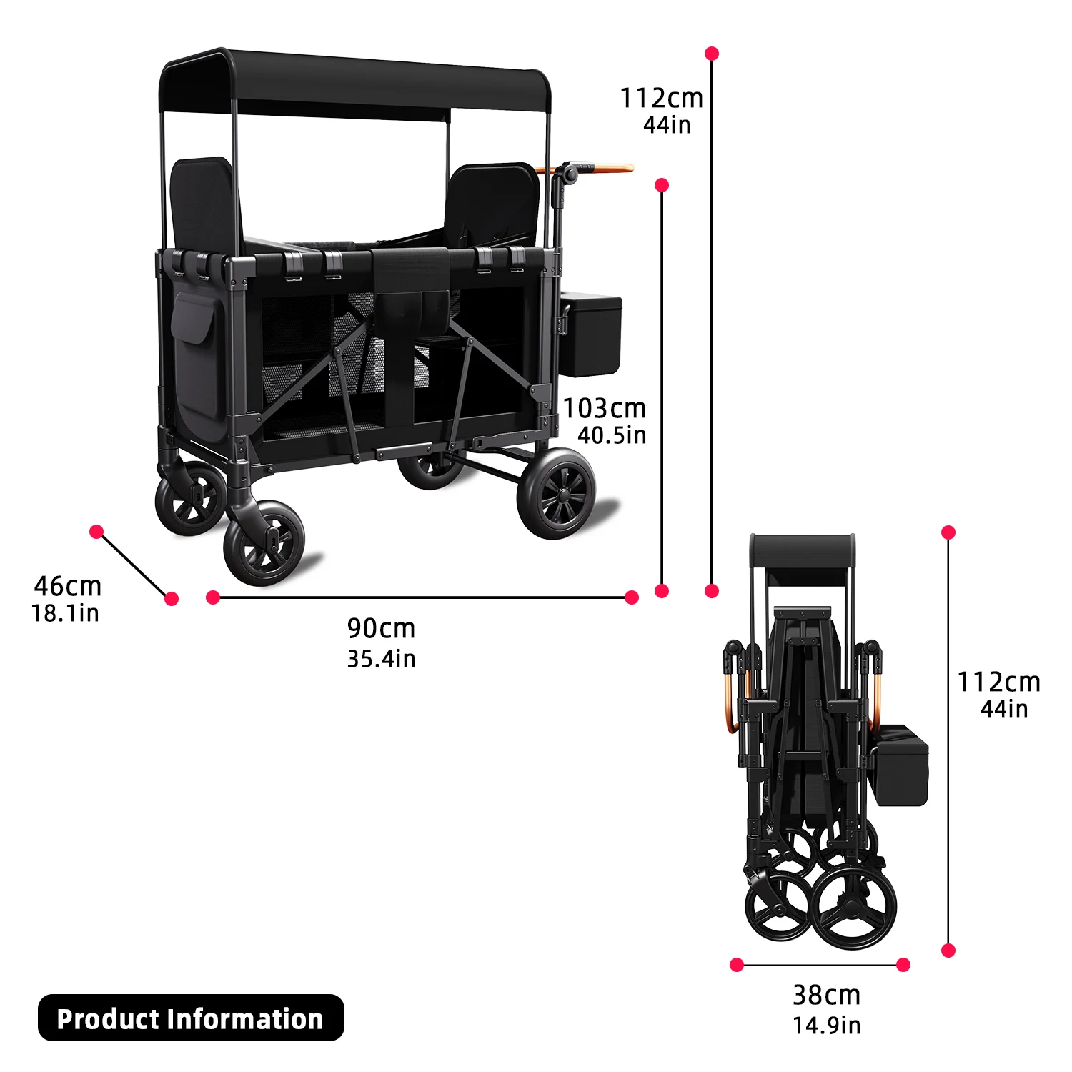 Double Stroller Wagon (2 Seater) - Collapsible Wagon Stroller with Seats with Magnetic Buckle 5-Point Harnesses and Adjustable S