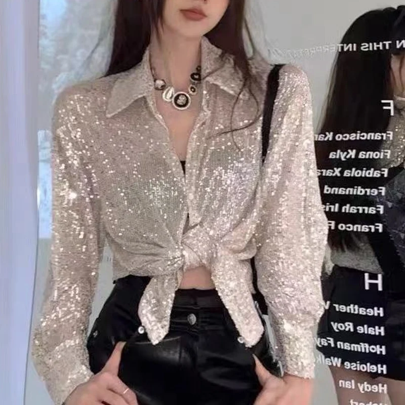 Spring Autumn New Turn-down Collar Fashion Long Sleeve Shirt Women Elegant Solid Color Sequined Button Cardigan Thin Style Tops