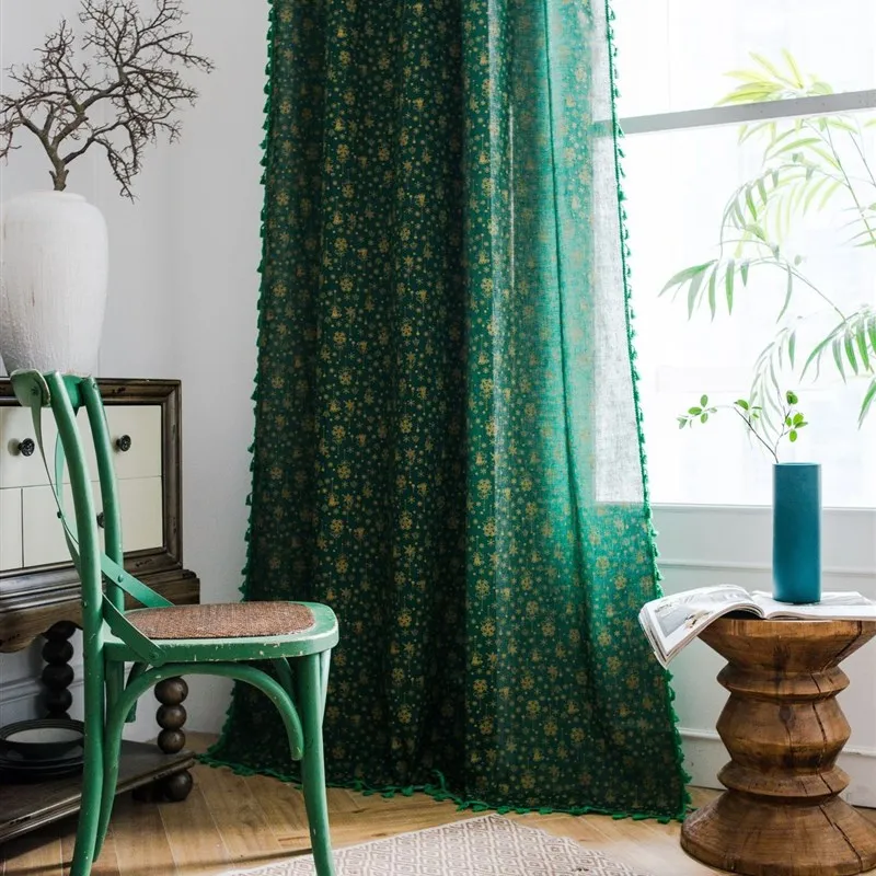 Literary French Fresh Dark Green Window Curtains Christmas Element Wind Chime Curtains for Bedroom Pattern Kitchen Soft Curtains