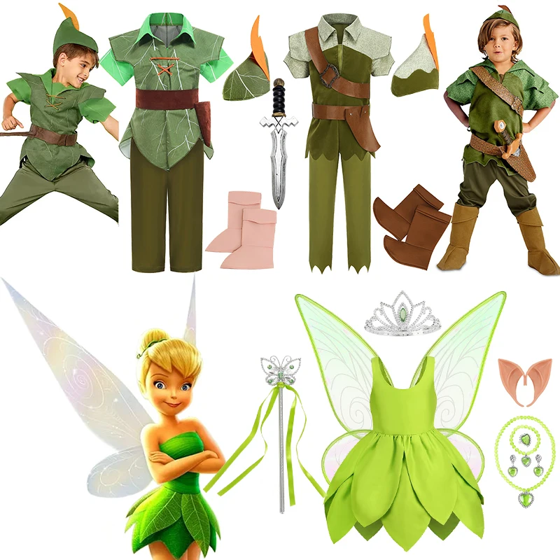 

New Children's Halloween Cosplay Party Tinker Bell Costume Girls Green Elf Fairy Princess Dress Christmas Boys Peter Pan Outfits