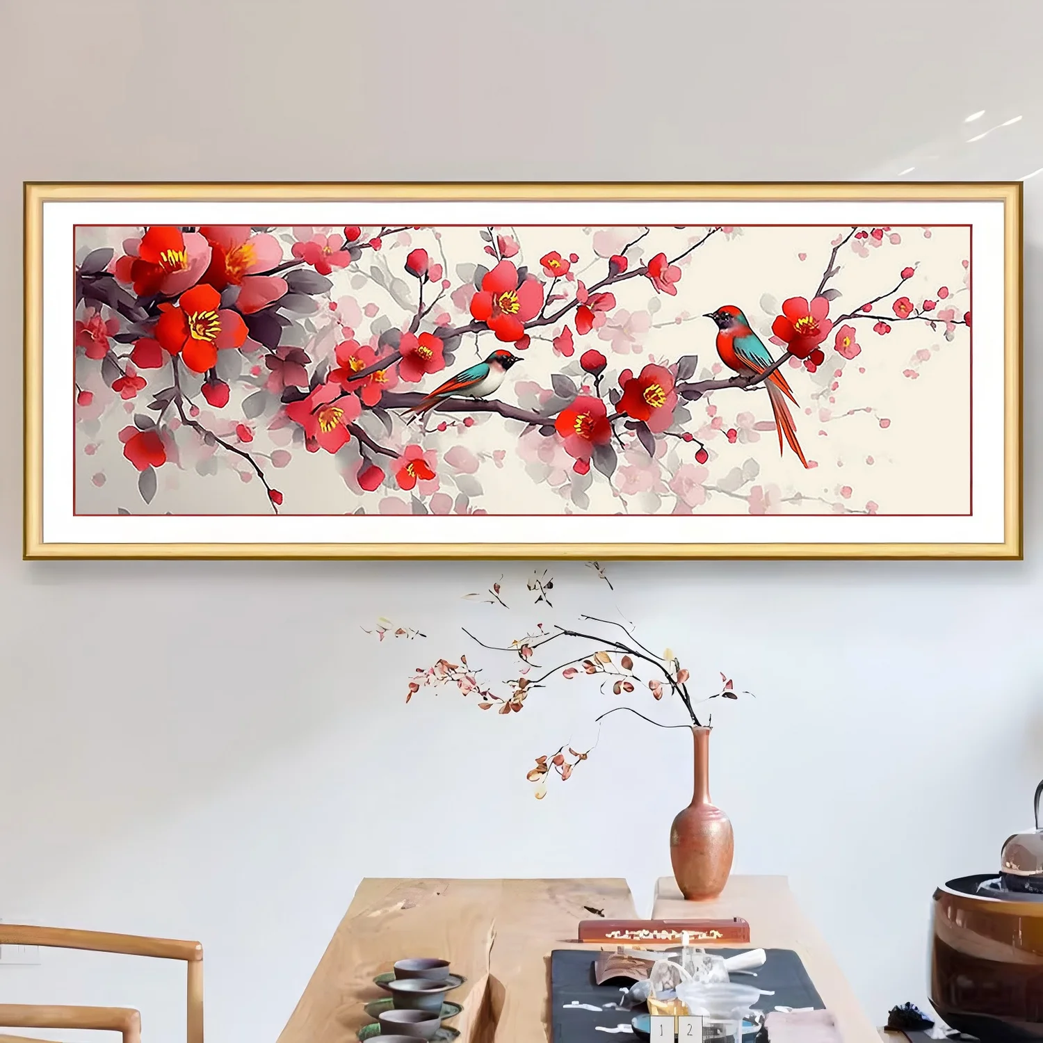 

150cm 9ct DIY Cross Stitch Chinese Style Red Plum Flower and Bird Full Embroidery Pattern Needlework Painting for Living Room