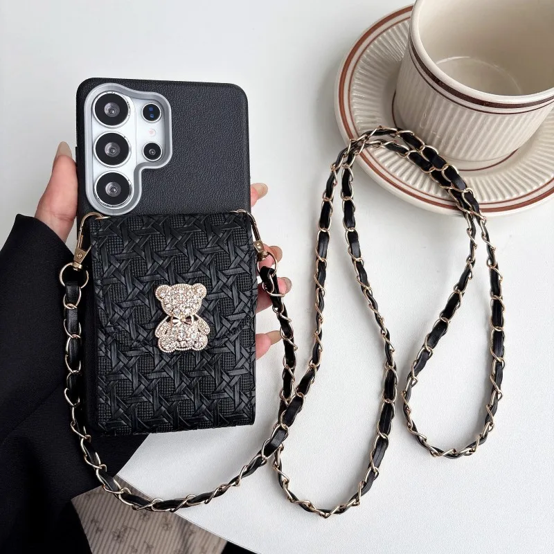 Multi Card Slots Case For Samsung Galaxy S26 Ultra S25 FE S24 S23 S22 A17 Bear Woven Leather Crossbody Chain Lanyard Strap Case