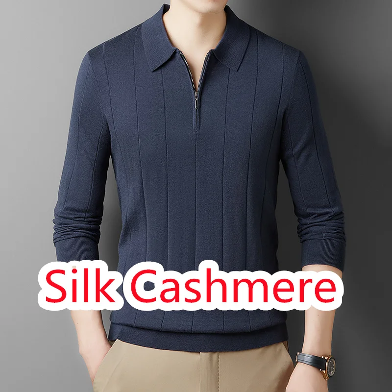 Seide Kaschmir Männer Polo-Shirt 2025, Herbst Drehen Unten Kragen Strickwaren Langarm Männlich Jumper Pullover Zipper Pullover Tops