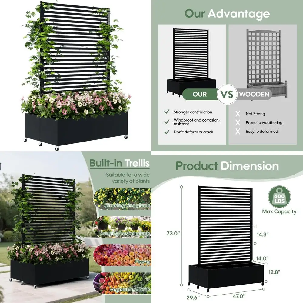 

Приподнятый двойной металлический горшок с решеткой для конфиденциальности и мобильности, открытый ящик для горшков с дренажем и колесами