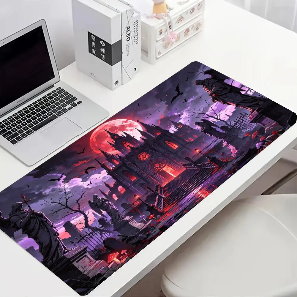 Red Moon Dark Gothic Castle Gaming Mouse Pad Thick Rubber Smooth Glide Desk Ornament For Dark Fantasy Dorm