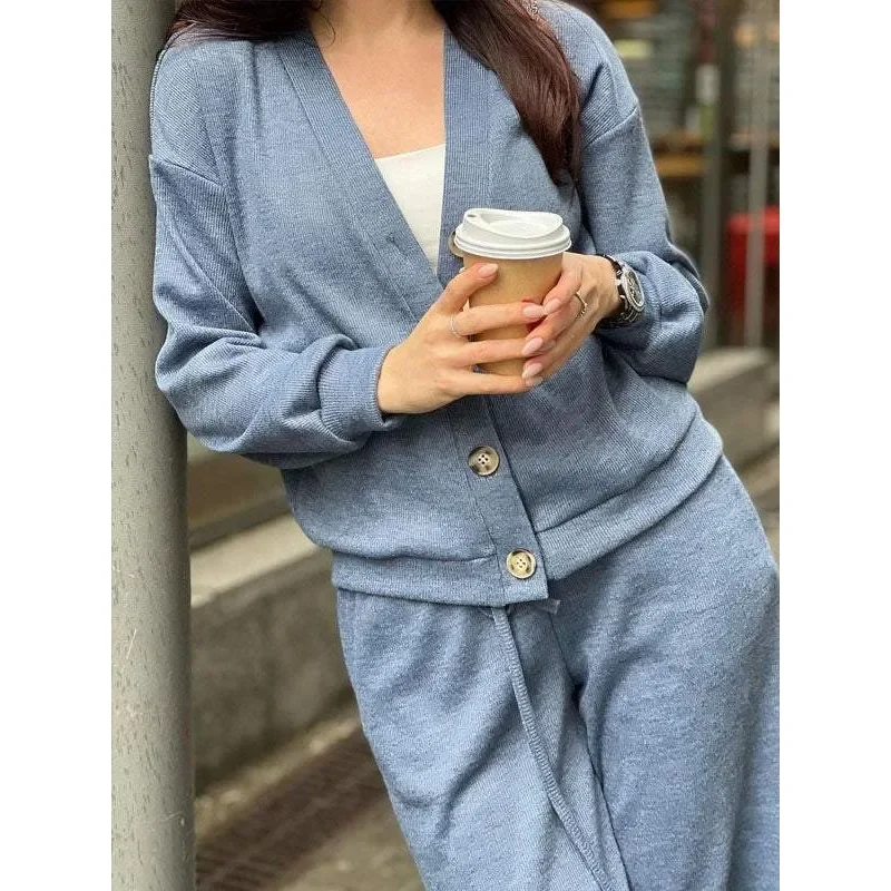 Two Piece Sets Casual Sports Loose Cardigan Top Straight Leg Pants Suits Autumn Winter Solid Simple Daily Women\'s Clothing