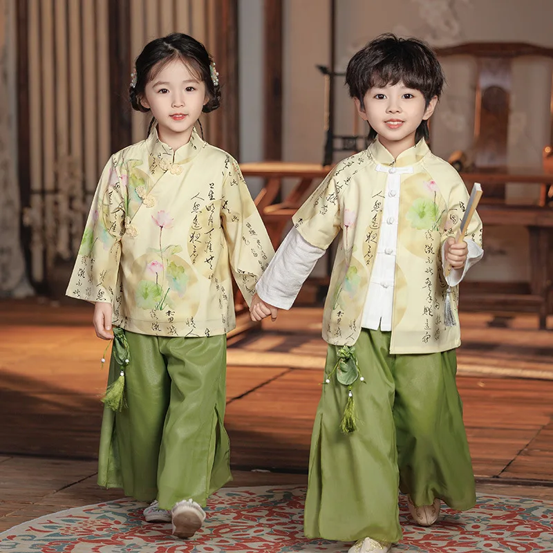 

Kids Ancient Chinese Tang Suit Hanfu Vinatge Traditional Dance Perform Costume Boy And Girl Martial Arts Student Uniform Cosplay