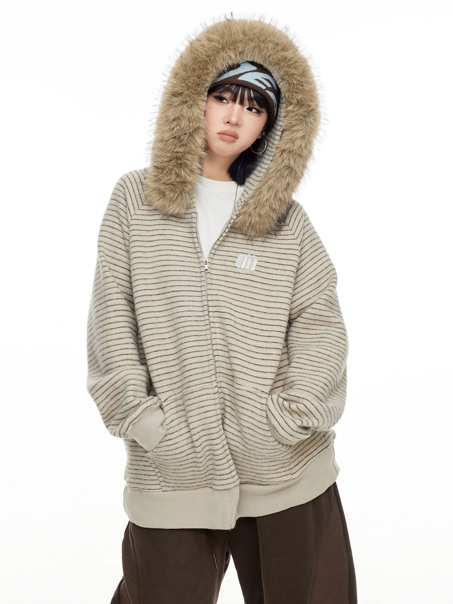 

Американский ретро-кардиган с вышивкой и полосками, утепленный флисом, женский, свободного кроя, осенне-зимний, в уличном стиле