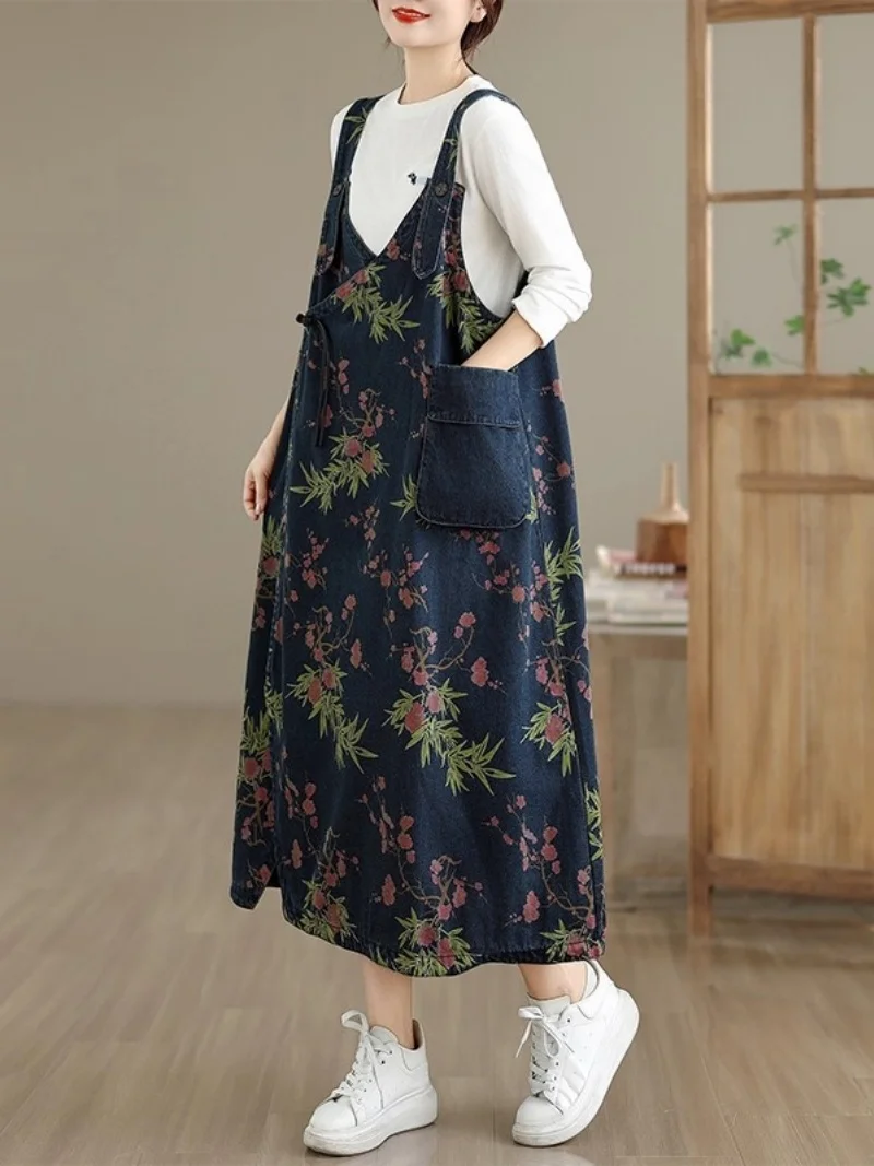 패셔너블하고 트렌디한 프린트 데님 베스트 드레스 여성용 개성 있는 스플릿 타이 루즈하고 스타일리시한 플로럴 스트랩 드레스 w902 ﻿