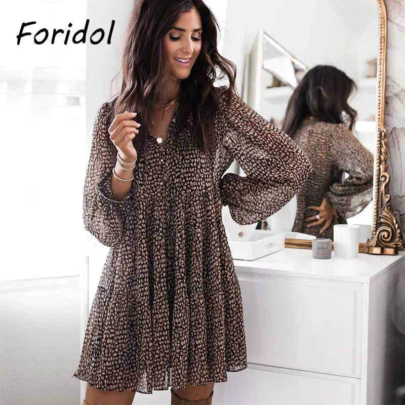 Leopard Print Casual Short Mini Dress Women V Neck Autumn Winter Dress 2023 New Long Sleeve Women Clothing Dress Mujer Girls