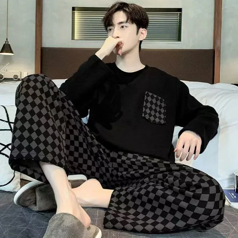 플러스 사이즈 남성 잠옷 스트라이프 긴 소매 긴 바지 크루 넥 부드러운 통기성 십대 학생 Loungewear…