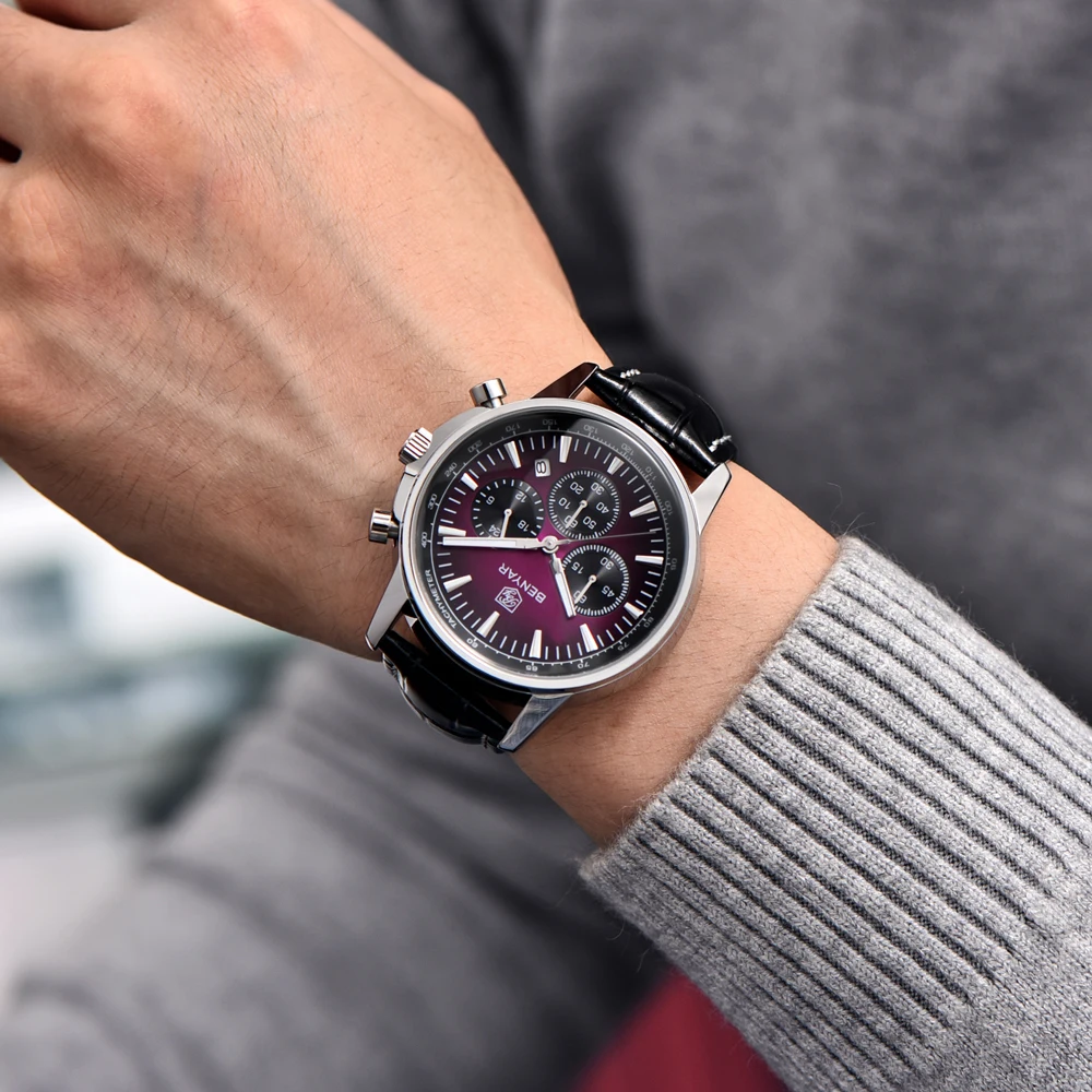 2025 New BENYAR Men's Watches Top Brand Luxury Quartz Watch For Man Chronograph Wristwatches Clock Waterproof Leather Luminous