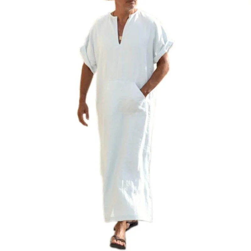 

Men's V-Neck Linen Robe Short Sleeve Kaftan Thobe Long Gown Casual Shirt for Beach, Summer