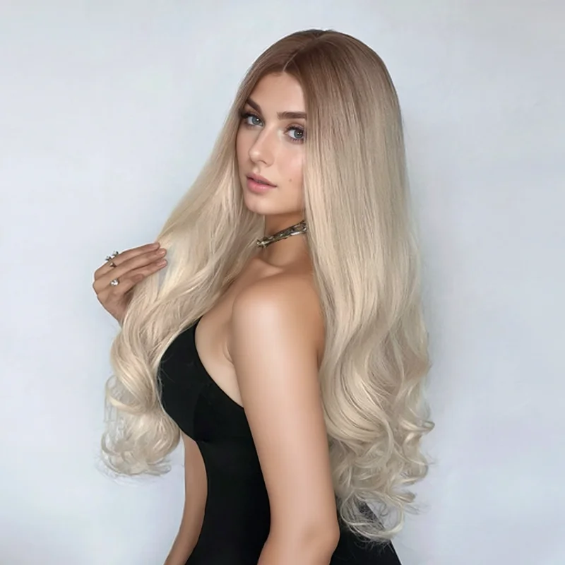 Blonde Long Wavy Wig Ombre Synthetic Wig for Women Middle Part Soft Wig Hight Density Natural Daily Party Cosplay Use