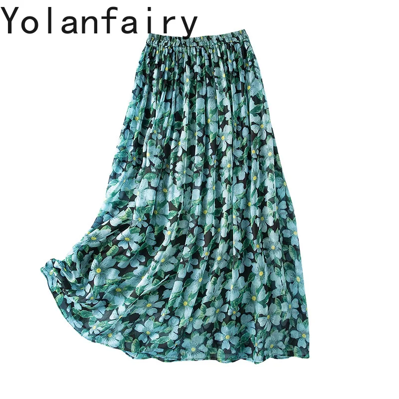 

YOLANFAIRY 100% натуральные шелковые юбки из тутового шелкопряда, женская юбка в стиле ретро с цветочным принтом в лесном стиле, женская одежда, модная юбка А-силуэта