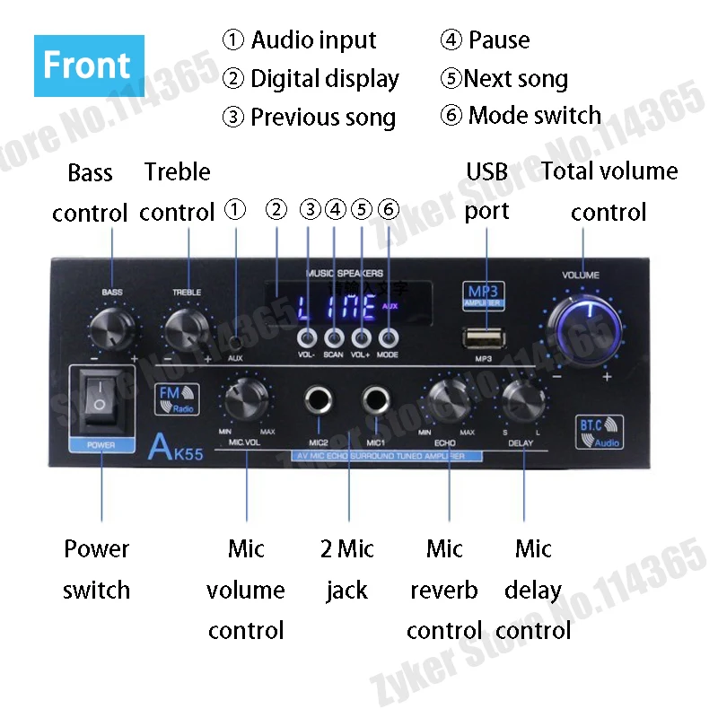 AK35/AK45/AK55 900W Home Power Amplifiers 2 Channel Bluetooth Sound Amplifier FM USB Remote Control Mini HIFI Digital Amplifiers