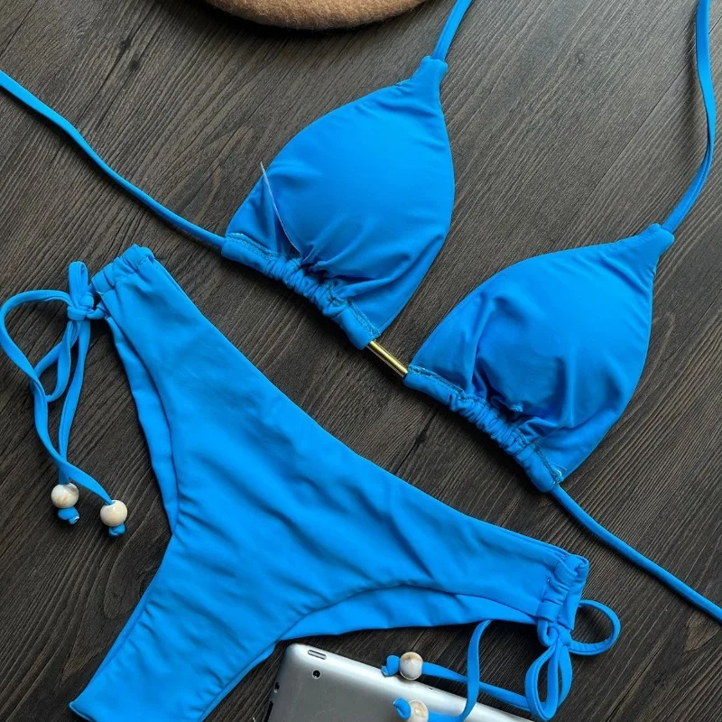 New Sexy Triangle Bathing Suit for Women Lace Up Brazilian Bikinis Halter Swimwear Push Up Swimsuit Metal Chain Beach Bikini Set