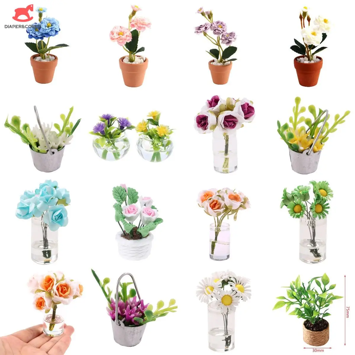 1:12 Dollhouse Mini Rose Sunflower Potted Plant Glass Vase Simulation Flower House Furniture Home Garden Model Decor Toy Random