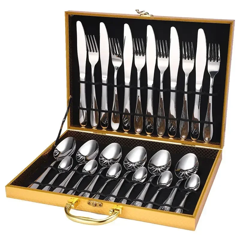 Retro Gold Cutlery Set Luxury Complete Tableware European Style Stainless Steel Spoon Fork Steak Knife Dinnerware Gift Box New