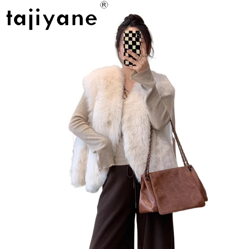 سترة من TAJIYANE 100% من صوف توسكانا الطبيعي من جلد الغنم مزدوجة الوجه سترة نسائية أنيقة بدون أكمام سترات من الفرو الحقيقي ملابس شتوية 2025 شوروبا